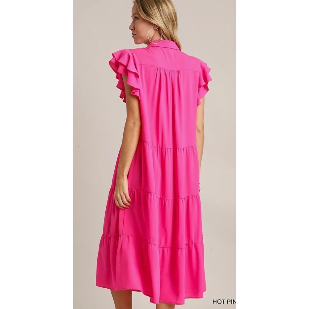 Umgee Hot Pink Tiered Short Ruffle Sleeve Midi Dress Size Small - Picture 3 of 12